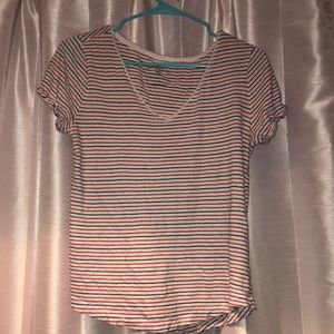 Red and Black Striped V Neck Tee